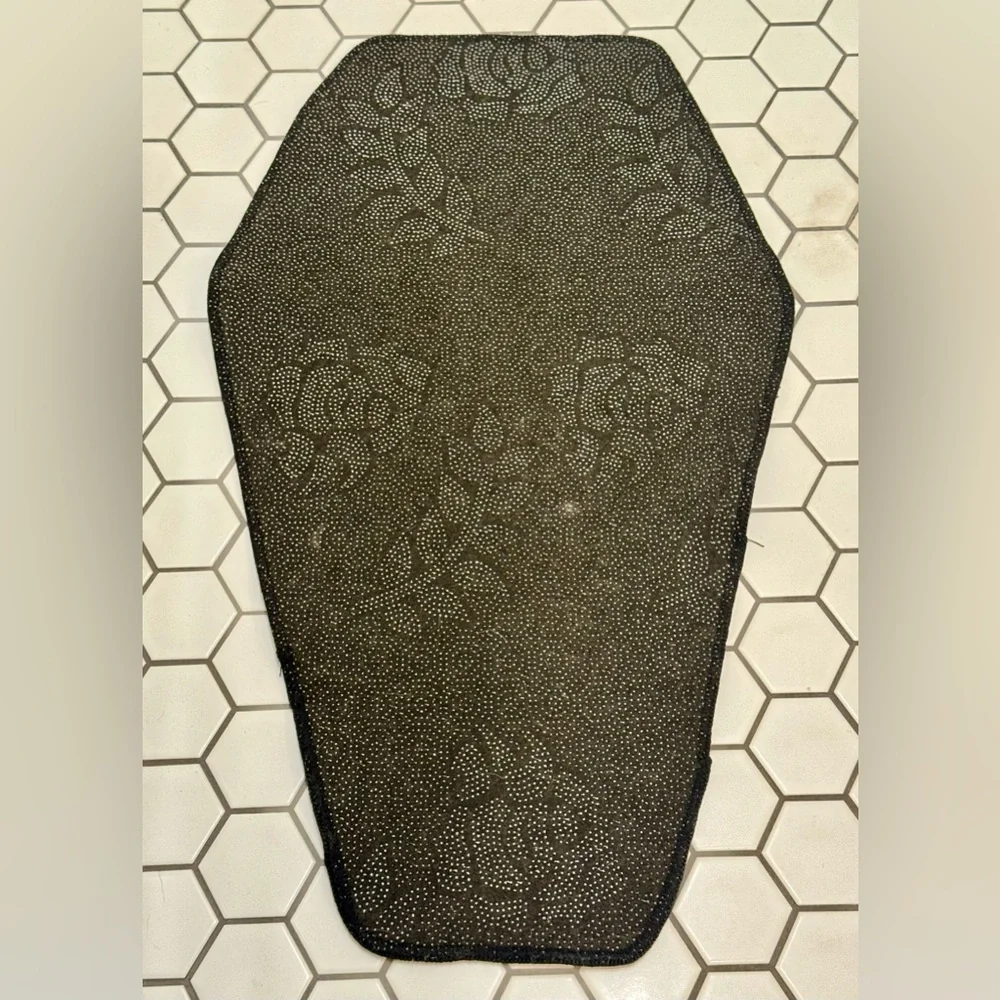 NWOT Small Black Coffin Shaped Bath Mat With White Border & Anti Skid Backing